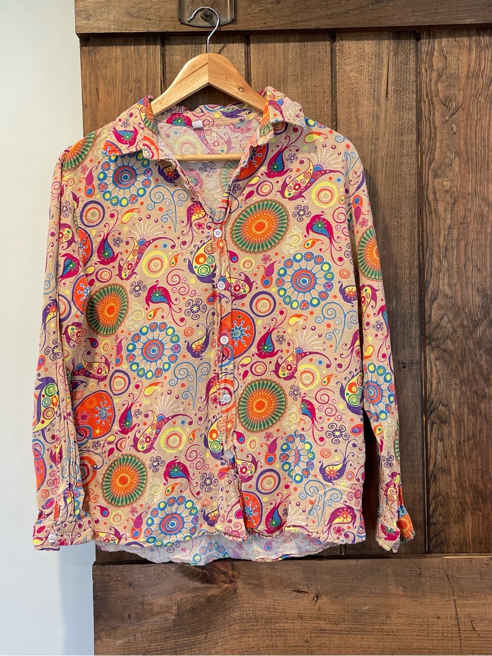 Paisley Print Linen Blend Button Down Shirt Artsy Boho Groovy Hippie Chic L